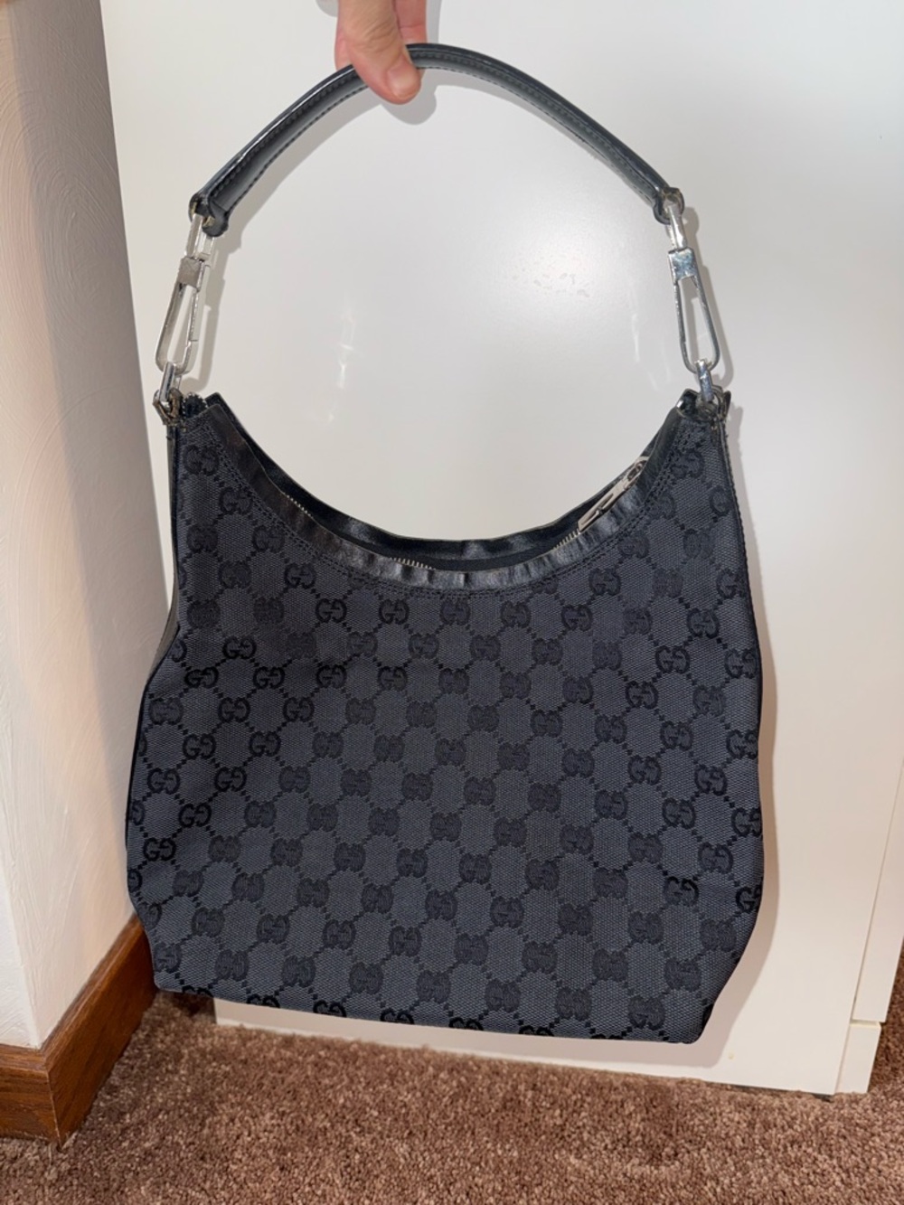 AUTHENTIC Gucci Black Monogram Shoulder Bag with Silver Hardware